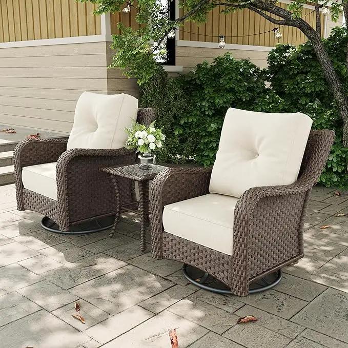 3 Pieces Outdoor Patio Furniture Sets with Rocking Swivel Chairs with 6-inch Thick Cushion and Side Table for Deck Lawn by GreenHaven Gardens