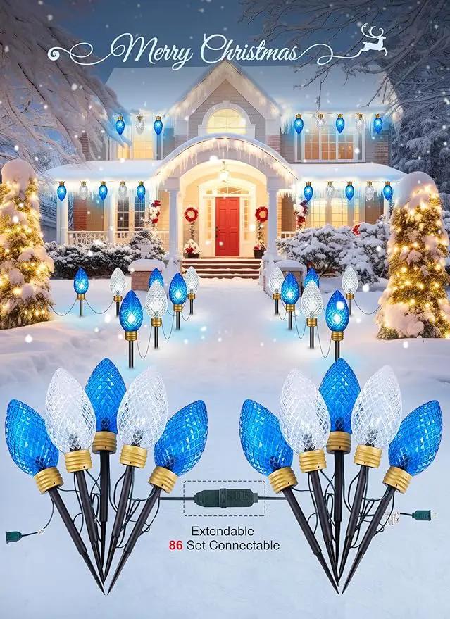 Moonflor Strawberry Super Jumbo Christmas Lights Outdoor - 2Pack Total 22FT 10 LED C9 Christmas Pathway String Lights,Christmas Lights Outdoor Decorations for Lawn Holiday Yard Walkway, Blue White by GreenHaven Gardens