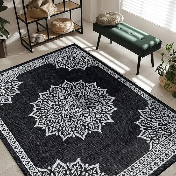 CAMILSON Indoor Outdoor Rug, 10x14 Medallion Black White Modern Area Rugs for Large Indoor and Outdoor Patios, Kitchen and Hallway Mats, Washable Porch Deck Outside Carpet (Medallion Black, 10 x 14) by GreenHaven Gardens