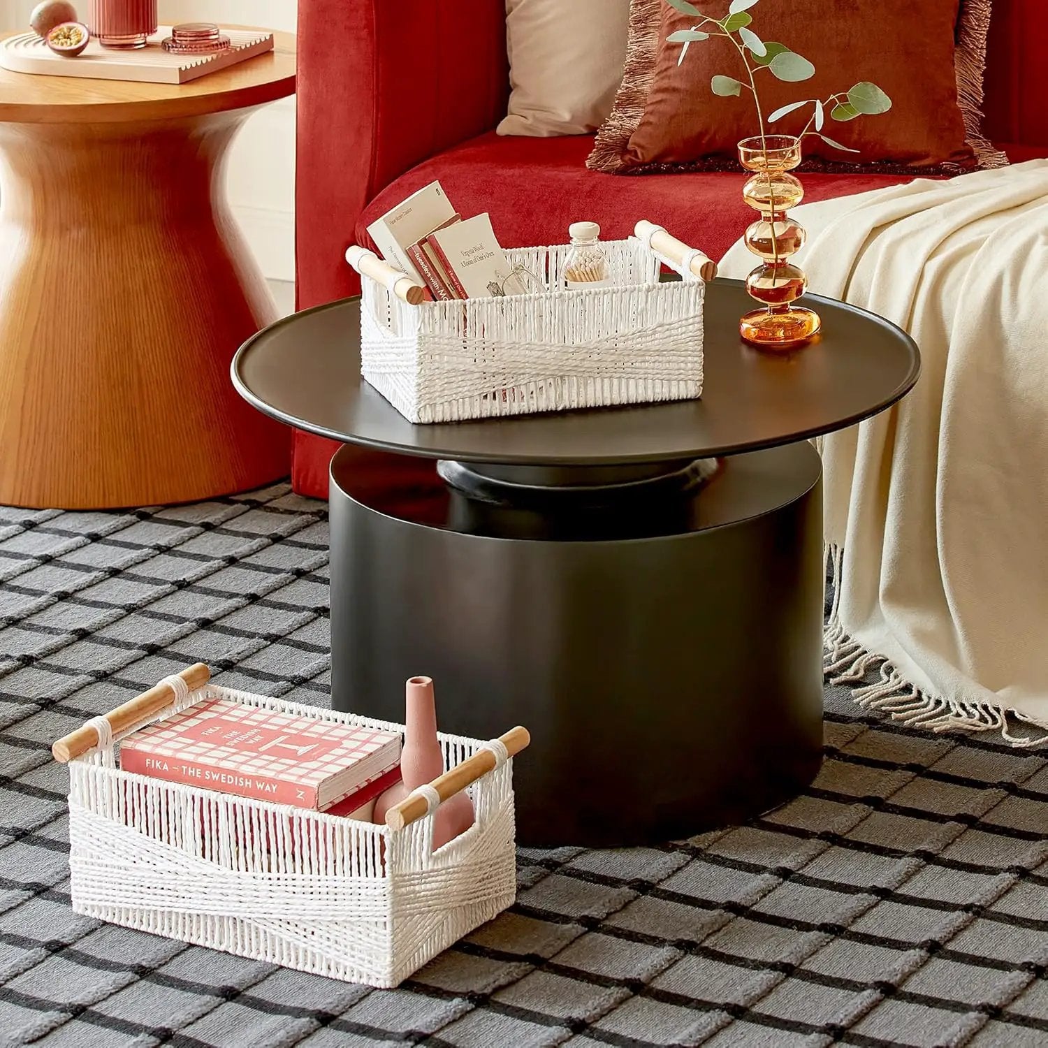 LA JOLIE MUSE Wicker Storage Baskets for Organizing, Recyclable Paper Rope Basket with Wood Handles, Decorative Hand Woven Basket Organizers for Makeup Books Shelves Living Room, White, Set of 2 by GreenHaven Gardens