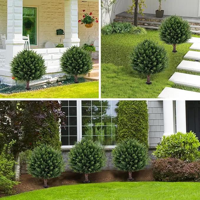 Artificial Cedar Topiary Ball Tree 23" with Ground Spike, Set of 2 Artificial Boxwood Bushes for Faux Shrubs, Fake Evergreen Faux Plant for Indoor Outdoor Porch Garden- UV Resistant – Fade-Proof by GreenHaven Gardens