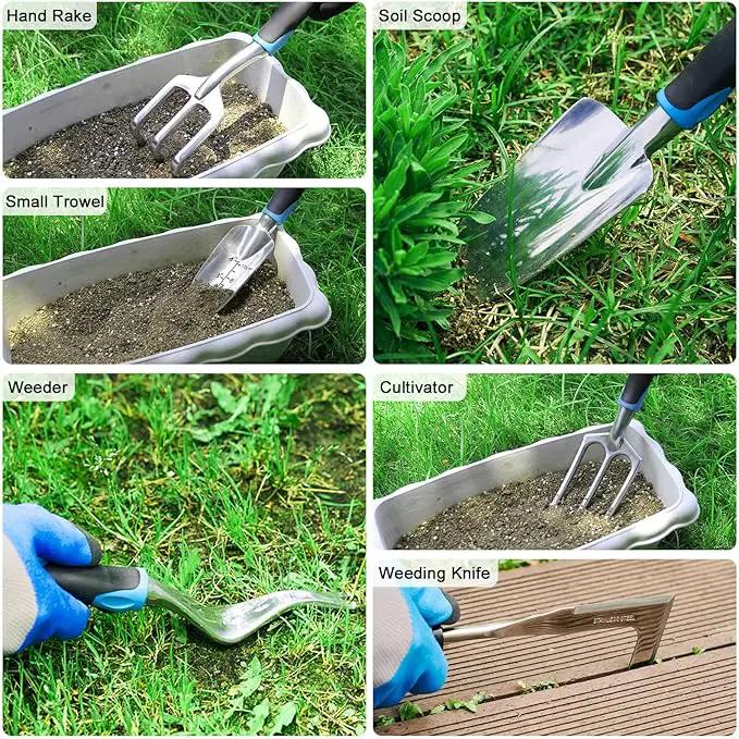Garden Tool Set with Non Slip Rubber Grip,11 Piece Stainless Steel Gardening Tool Sets,Thickened Repotting Mat & Storage Tote Bag,Heavy Duty Outdoor Hand Tools Uprooting Weeding Tool, Ideal Gifts Blue by GreenHaven Gardens