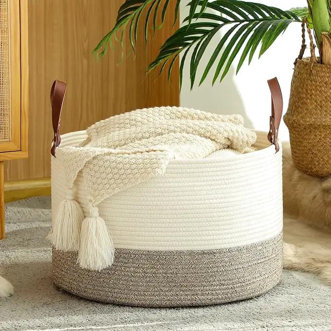 KAKAMAY Large Blanket Basket (20"x13"),Woven Baskets for storage Baby Laundry Hamper,Cotton Rope Blanket Basket for Living Room, Laundry, Nursery, Pillows, Baby Toy chest (White/Beige) by GreenHaven Gardens