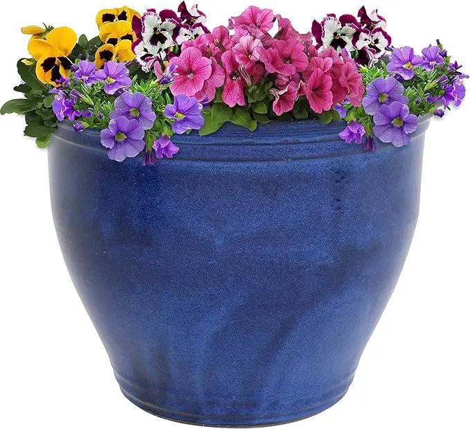 Sunnydaze 18.5" Large Ceramic Plant Pot - Round Outdoor Glazed Ceramic Planter Pot with Drainage - Imperial Blue - Studio by GreenHaven Gardens