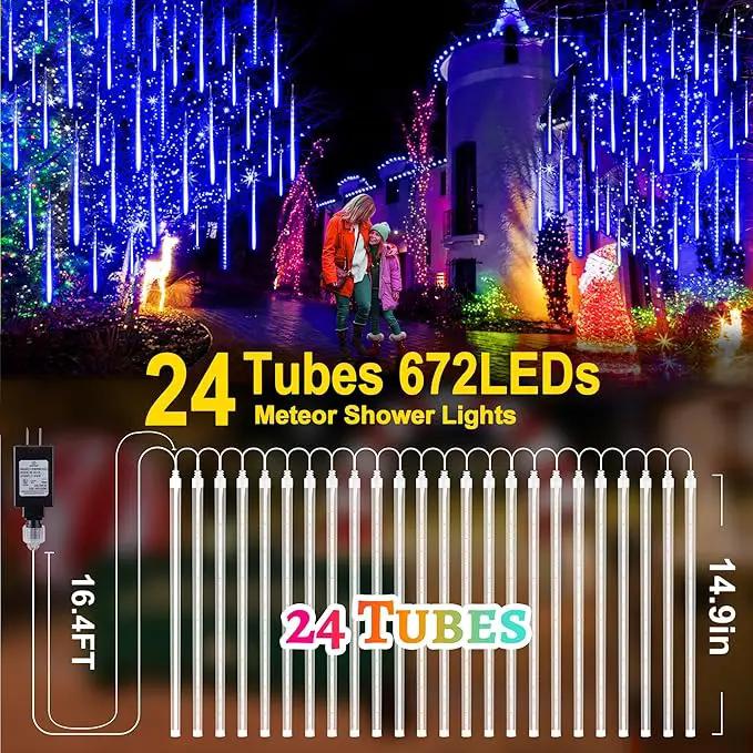 KNONEW Meteor Shower Lights 15 Inch 24 Tubes 672 LED Christmas String Plug-in Outdoor Waterproof Falling Rain for Wedding Party Garden Holiday Tree Decorations (Blue) by GreenHaven Gardens