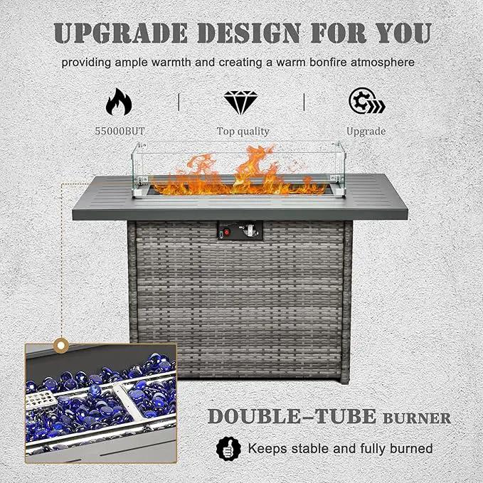 Propane Fire Pit Table,44 Inch 55000 BTU Outdoor Gas Fire Pit Rectangular with Glass Wind Guard for Outside Patio Deck (Gray-Aluminum Top) by GreenHaven Gardens