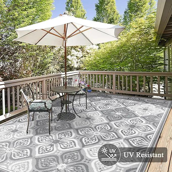 Pauwer Waterproof Outdoor Rug 9x12, Reversible Plastic Straw Patio Camping Rug, Indoor Outdoor RV Mat Carpet for Deck, Camper, Porch, Balcony, Backyard, Picnic, Clover Grey by GreenHaven Gardens