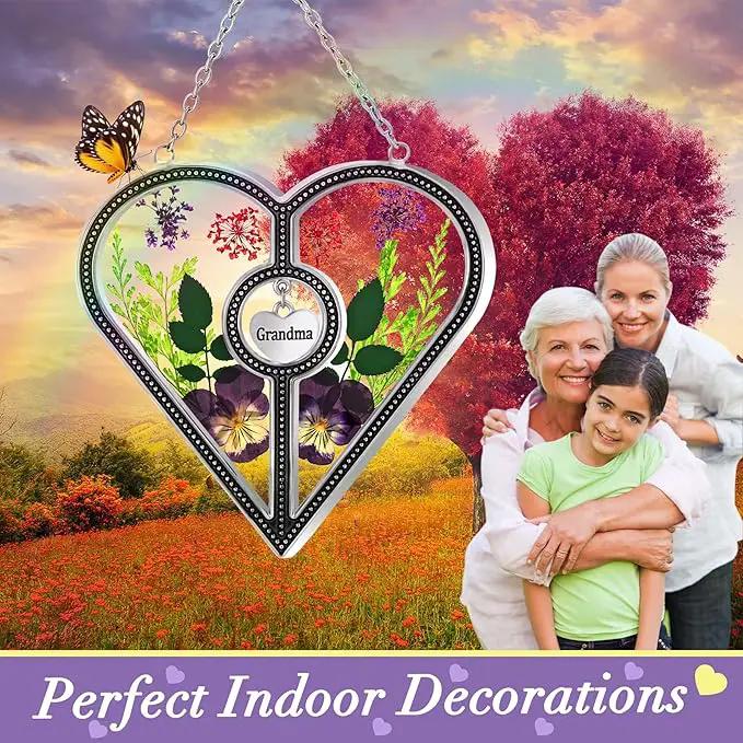 KY&BOSAM Heart Suncatcher Grandma Stained Glass for Windows Hangings Ornament Wind Chimes with Pressed Real Flower Heart Embedded in Glass Birthday Gifts for Women Grandma Mother`s Day Christmas Decor by GreenHaven Gardens