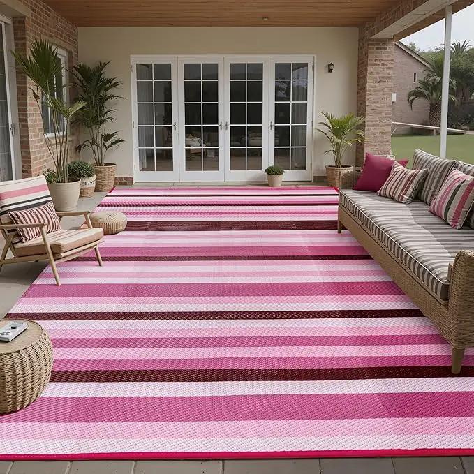 Outdoor Waterproof Rug 8'x10' Plastic Straw Rugs Washable Reversible Floor Mat Pink Stripe Carpet for Camping RV Deck Entryance Porch Picnic Balcony Beach Backyard by GreenHaven Gardens