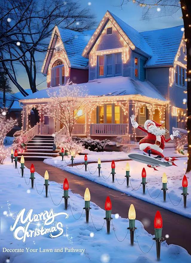 C9 LED Christmas String Lights Outdoor, 26 Feet 20 LED Christmas Pathway Lights with 20 Plastic Stakes, Connectable Waterproof for Driveways Xmas Holiday Patio Decoration, Red and Warm White by GreenHaven Gardens