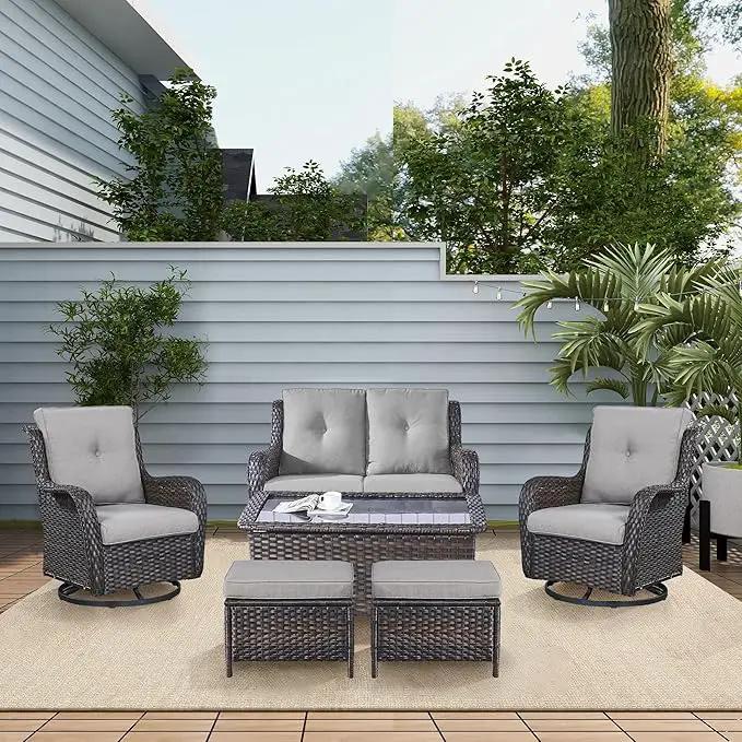 Wicker Outdoor Furniture Patio Furniture Set - 6 Piece Patio Conversation Set with Swivel Rocker Chairs, Loveseat Sofa, Ottomans and Coffee Table, Gray Cushion by GreenHaven Gardens