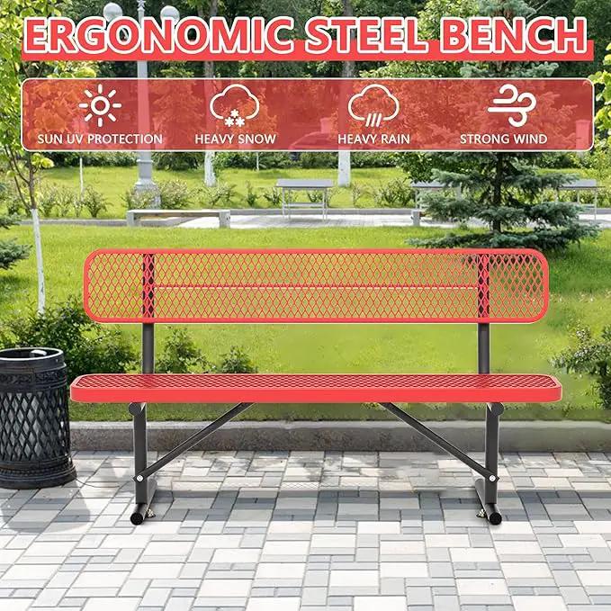 Heavy Duty Park Bench with Back Portable Frame, Outdoor Steel Bench with Backrest, Red Metal Bench Seat Expanded Metal Mesh Bench for Lawn, Park, Deck, Garden, Patio, Porch, Black (Red, 6FT) by GreenHaven Gardens