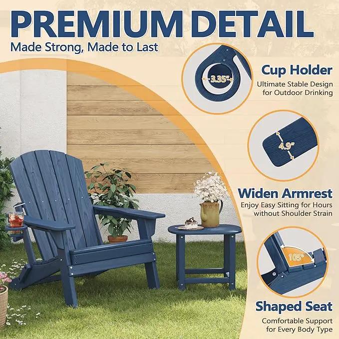 Folding Adirondack Chair with Cup Holder, HDPE All Weather Resistant Plastic Outdoor Patio Chairs, Heavy Duty Fire Pit Seating for Backyard Lawn Garden, Wooden Textured Design(Navy Blue) by GreenHaven Gardens