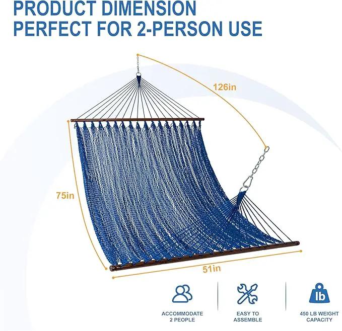 Lazy Daze Hammocks 10.5 FT Double 2 Person Caribbean Rope Hammock, Hand Woven Polyester Hammock with Spreader Bars, for Outside Outdoor Backyard Patio Poolside,450 LBS Capacity, Blue by GreenHaven Gardens