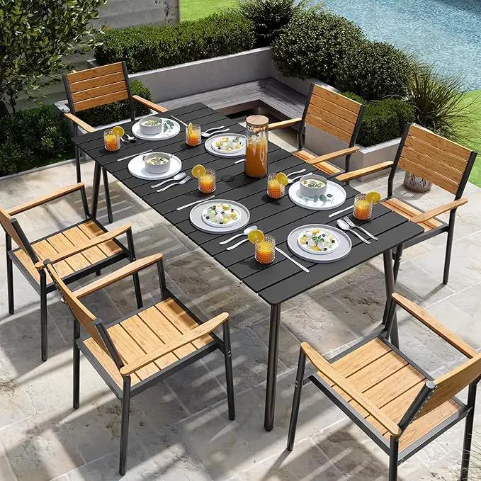 Outdoor Dining Table for 6, 70inch Patio Dining Table with Wooden-Like Top and Aluminum Frame, Rectangular Table with Umbrella Hole Outdoor Furniture, Only Table, Black by GreenHaven Gardens