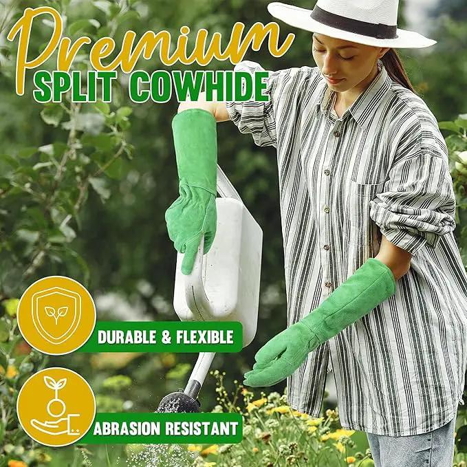 HANDLANDY Leather Gardening Gloves, Thorn Proof Long Gauntlet Heavy Duty Garden Gloves, Elbow Length Rose Pruning Weeding Yard Glove (X-Large, Green) by GreenHaven Gardens