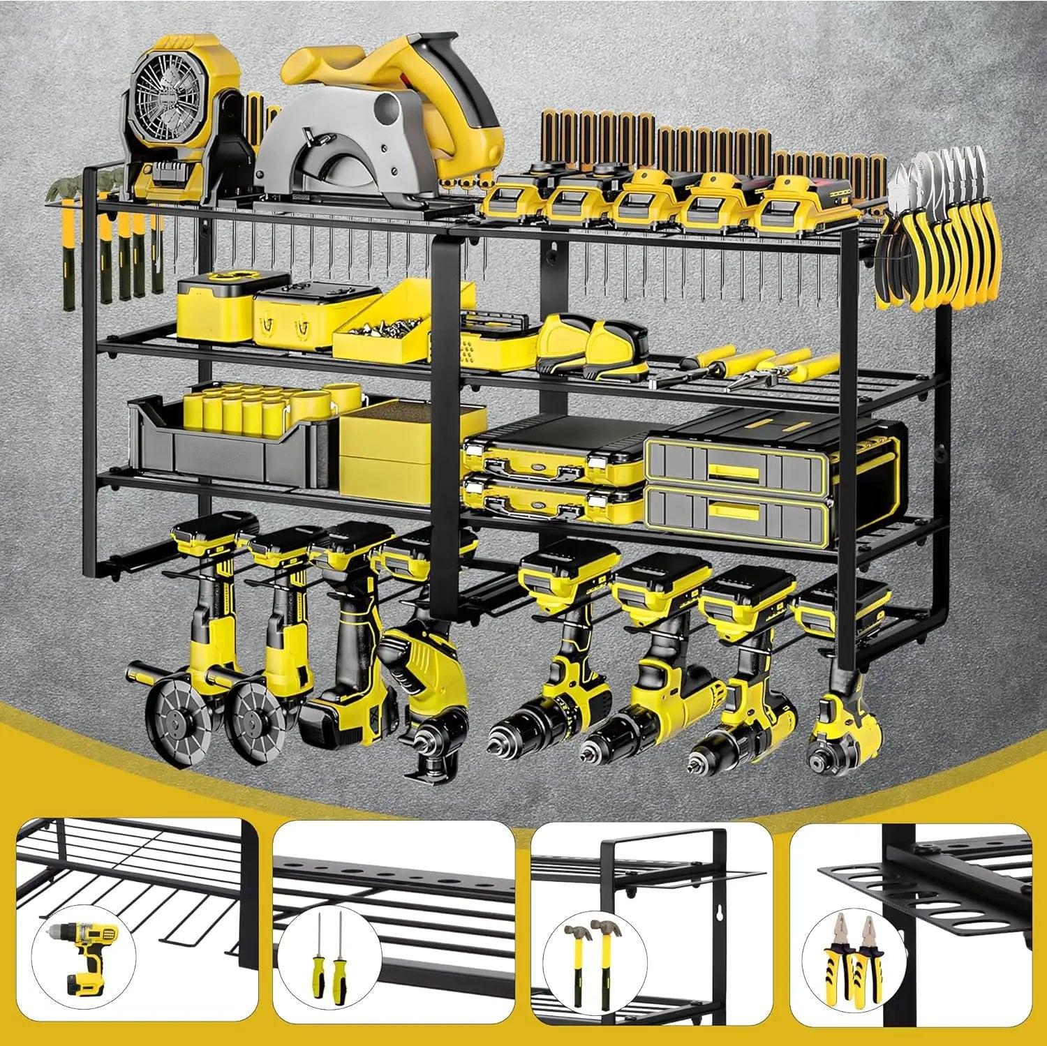 Metal Power Tool Organizer,Space-Saving Wall-Mounted Power Tool Rack,Holds 8 Drills + 4-Tier Storage,Durable Steel Construction for Garage, Workshop and Shed Organization by GreenHaven Gardens
