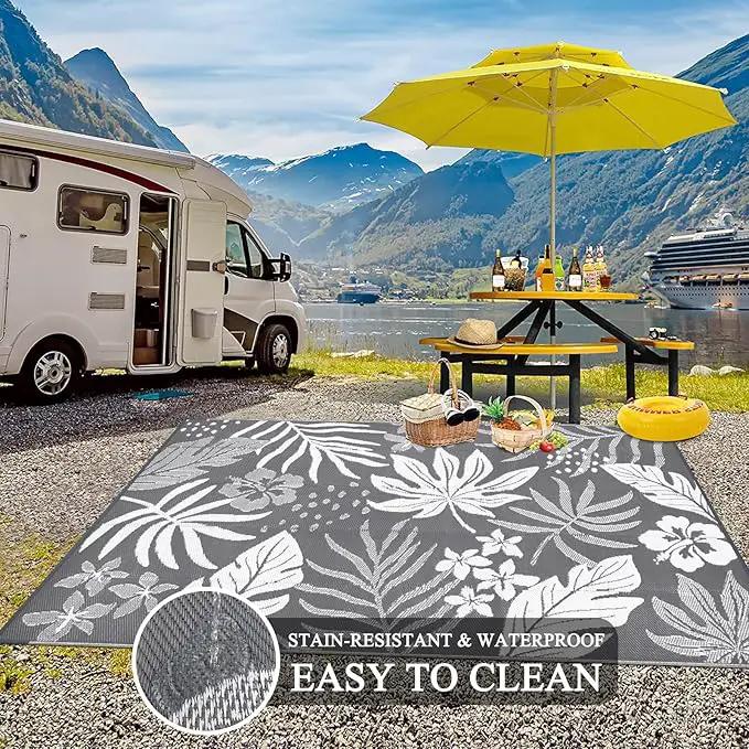 Pauwer Waterproof Outdoor Rug 6x9, Reversible Plastic Straw Patio Camping Rug, Indoor Outdoor RV Mat Carpet for Deck, Camper, Porch, Balcony, Backyard, Picnic, Floral Grey by GreenHaven Gardens