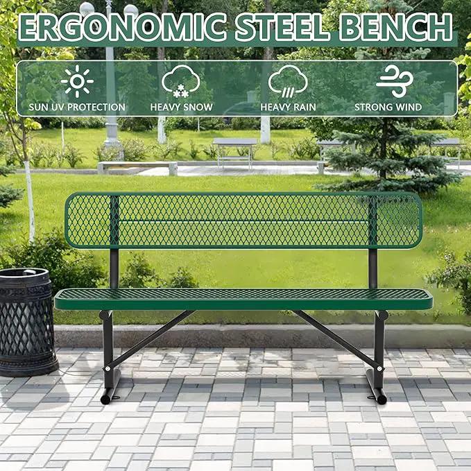 Heavy Duty Park Bench with Back Portable Frame, Outdoor Steel Bench with Backrest, Outdoor Park Bench Expanded Metal Mesh Bench for Lawn, Park, Deck, Garden, Patio, Porch, Black (Green, 6FT) by GreenHaven Gardens