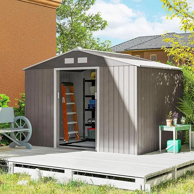 Outsunny 9' x 6' Outdoor Storage Shed, Garden Tool Metal Shed with Foundation Kit, Double Lockable Door, Air Vents and Sloping Roof, for Backyard, Patio, Lawn, Light Brown by GreenHaven Gardens