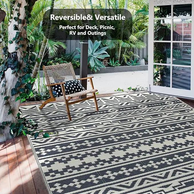 RV Waterproof Mat Outdoor Rugs 9'x12' for Patios Clearance Carpet Camping, Large Plastic Straw (9x12ft Geometric Boho Grey&White) by GreenHaven Gardens