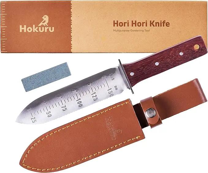 Hori Hori Knife - Landscaping, Digging, Weeding, Cutting, Planting Gardening Tool With Leather Sheath, Stainless Steel Blade and Sharpening Stone by GreenHaven Gardens