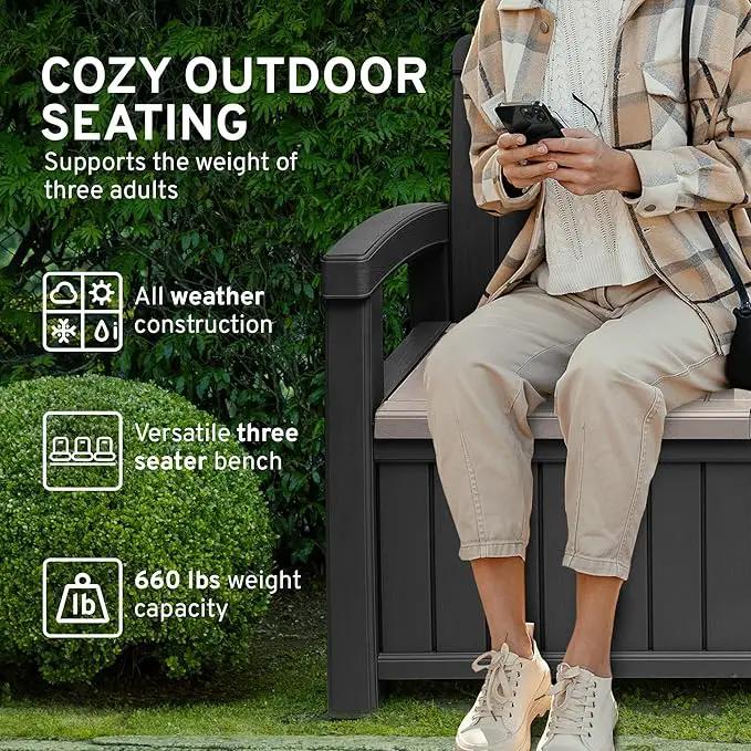 EconoHome 3 Seat Outdoor Storage Bench with Rain Cover - 90 Gallon Capacity - Weatherproof Resin Bench for Patio, Porch, Garden, Yard, Pool Area - Furniture for Pool Accessories, Gardening Tools by GreenHaven Gardens