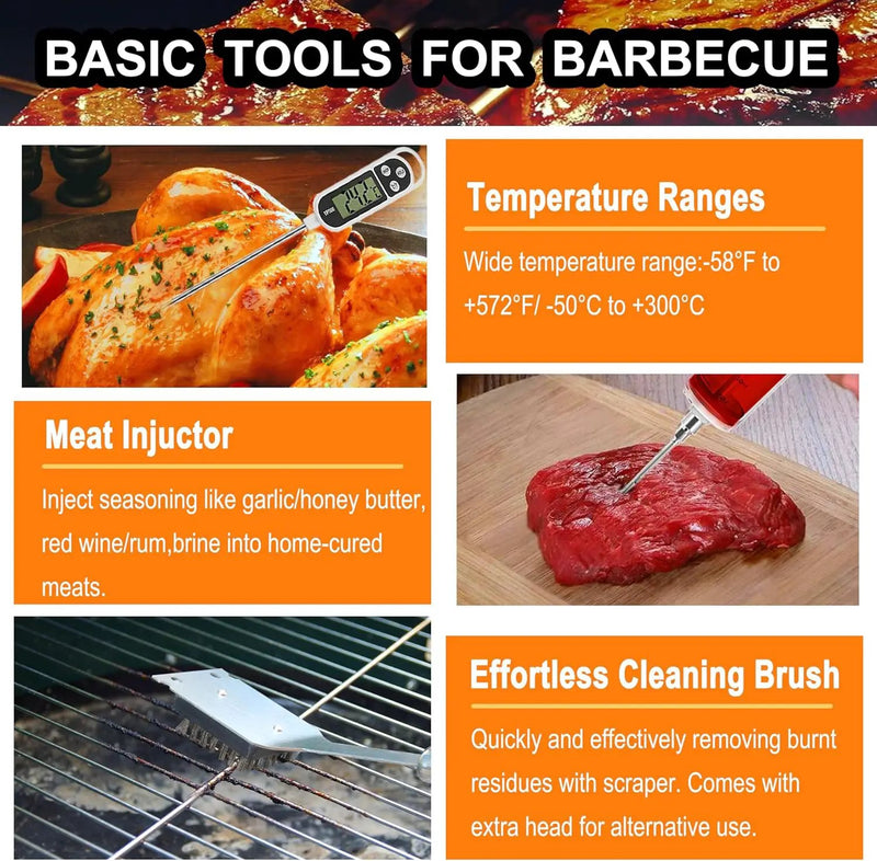grilljoy 24PCS BBQ Grill Tools Set with Meat Thermometer and Injector - Extra Thick Stainless Steel Fork, Spatula& Tongs - Complete BBQ Accessories in Aluminum Case - Perfect Grill Gifts for Men Grey by GreenHaven Gardens