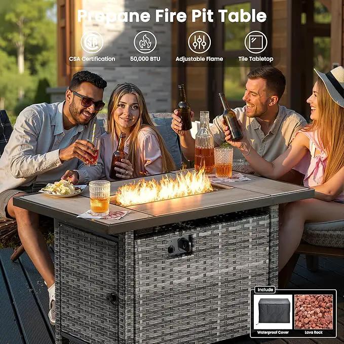 ovios 6 Pieces Patio Furniture Set with 42" Fire Pit Table, Outdoor Wicker Sofa with Comfy Cushions, All Weather High Back Rattan Couch Conversation Set, Orange Red by GreenHaven Gardens