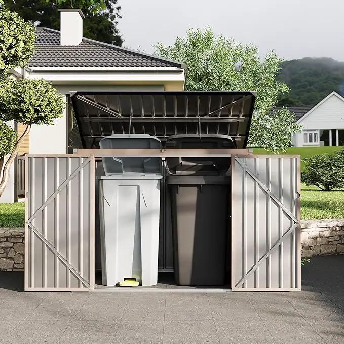 2 Trash Cans Metal Outdoor Storage, 3x6 FT Garbage Bin Storage Shed with Chain Lid, Garbage Can Metal Sheds for Garden, Backyard, Lawn and Patio by GreenHaven Gardens