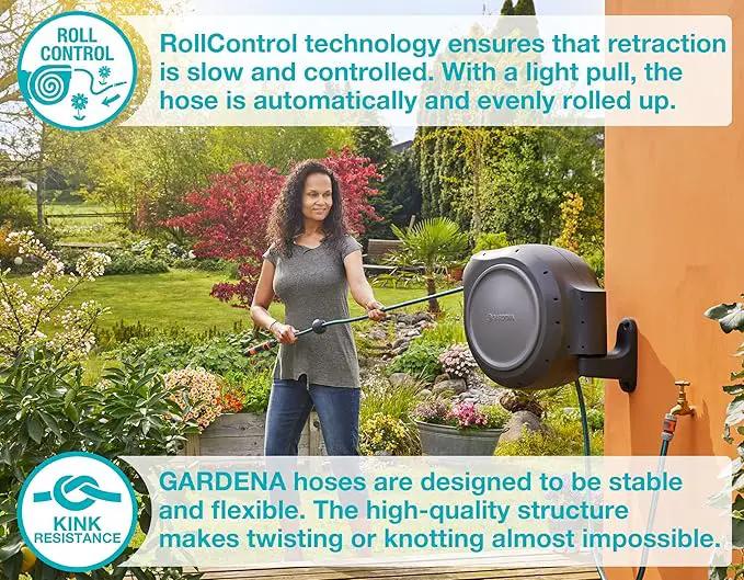 GARDENA 20505, 100' Retractable Garden Hose Reel with US Hose Threads - 100' x 1/2" hose, Automatic Retraction & Length Lock for Easy Watering. Heavy Duty Swivel Bracket 180°, Includes Nozzle. by GreenHaven Gardens