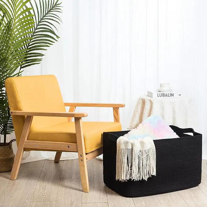 MINTWOOD Design 22in Extra Large Blanket Basket Holder Living Room, Rectangle Rope Woven Storage Basket with Handles for Laundry, Pool Towels, and Shoes, Dog Toy Organizer Bin Box, Full Black by GreenHaven Gardens