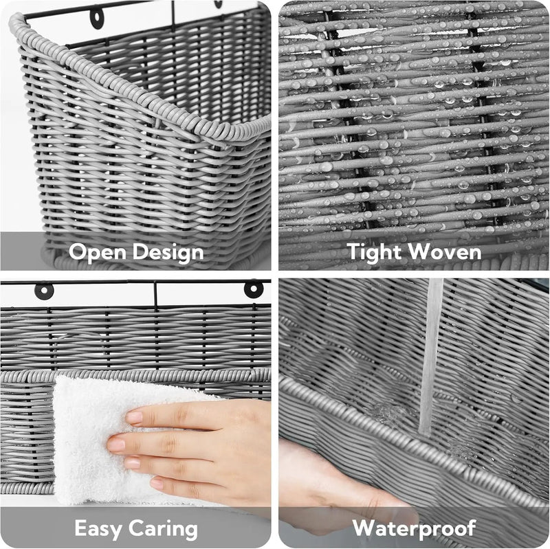 GRANNY SAYS Wicker Hanging Basket, 2 Pack Storage Baskets for Cabinet, Wall Mount Fruit Basket for Kitchen, Adhesive Bathroom Cabinet Organizer, Pantry Organizers and Storage, Gray by GreenHaven Gardens