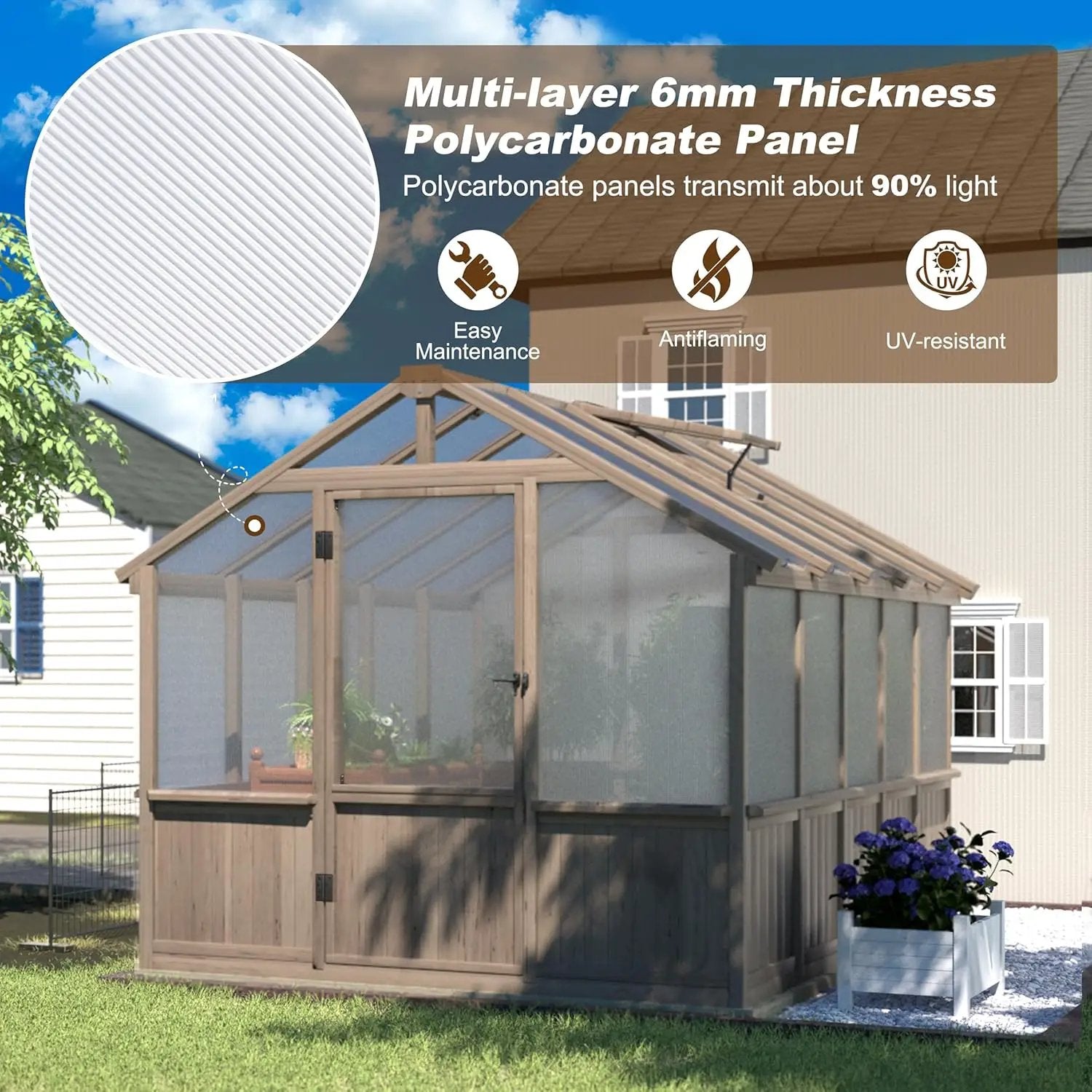 MUPATER 8 x 10FT Wooden Greenhouse with 6mm Polycarbonate Panels for UV Protection and Heat Insulation, Adjustable Ventilated Window & Lockable Door, Walk-in Greenhouse for Outdoors, Patio, Backyard by GreenHaven Gardens