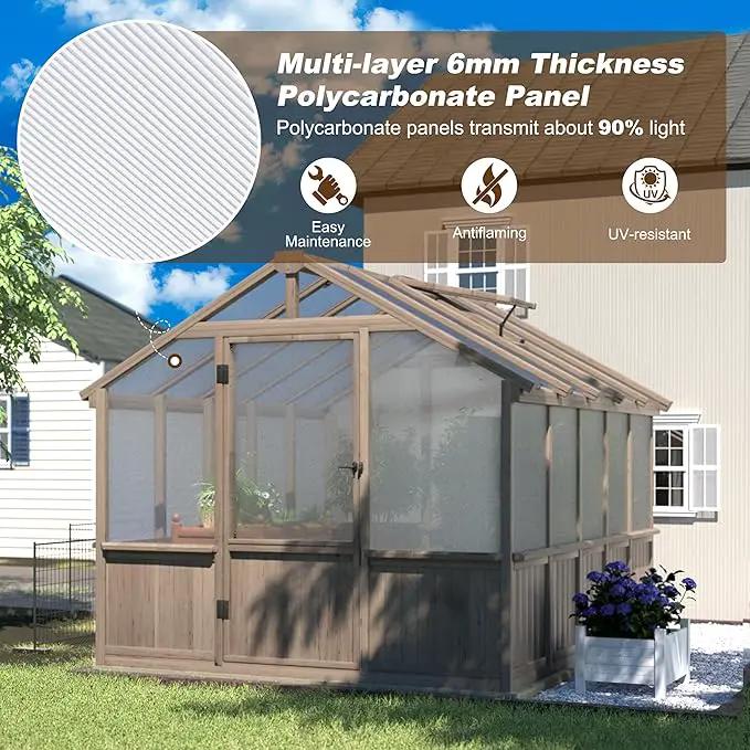 8x10 FT Greenhouse Kit with 6MM Thick Polycarbonate Panel for Outdoor, Wooden Walk-in Green House with Adjustable Roof Vent and Lockable Door, Backyard, Garden, Light Mocha Brown by GreenHaven Gardens