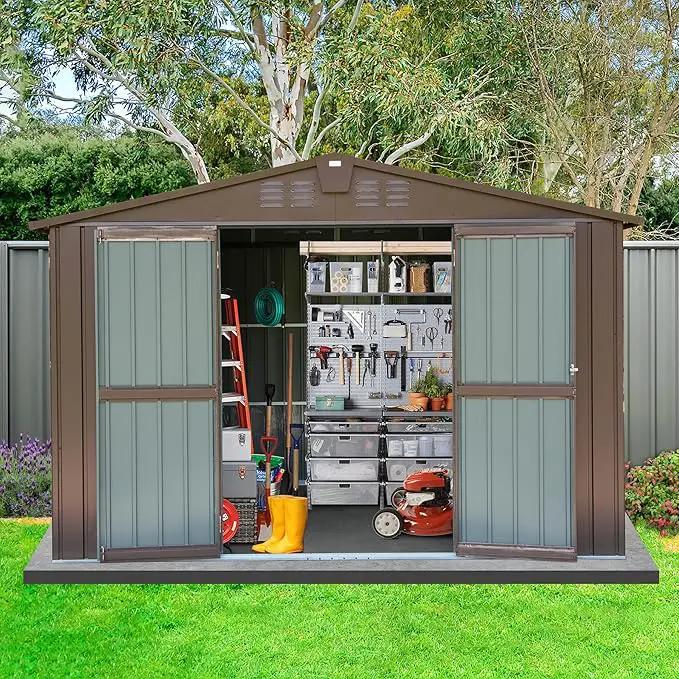 Domi Outdoor 10' x 8' Storage Shed, Metal Steel Utility Tool Shed Storage House with Double Lockable Doors & Air Vents for Backyard Patio Garden Lawn Brown by GreenHaven Gardens