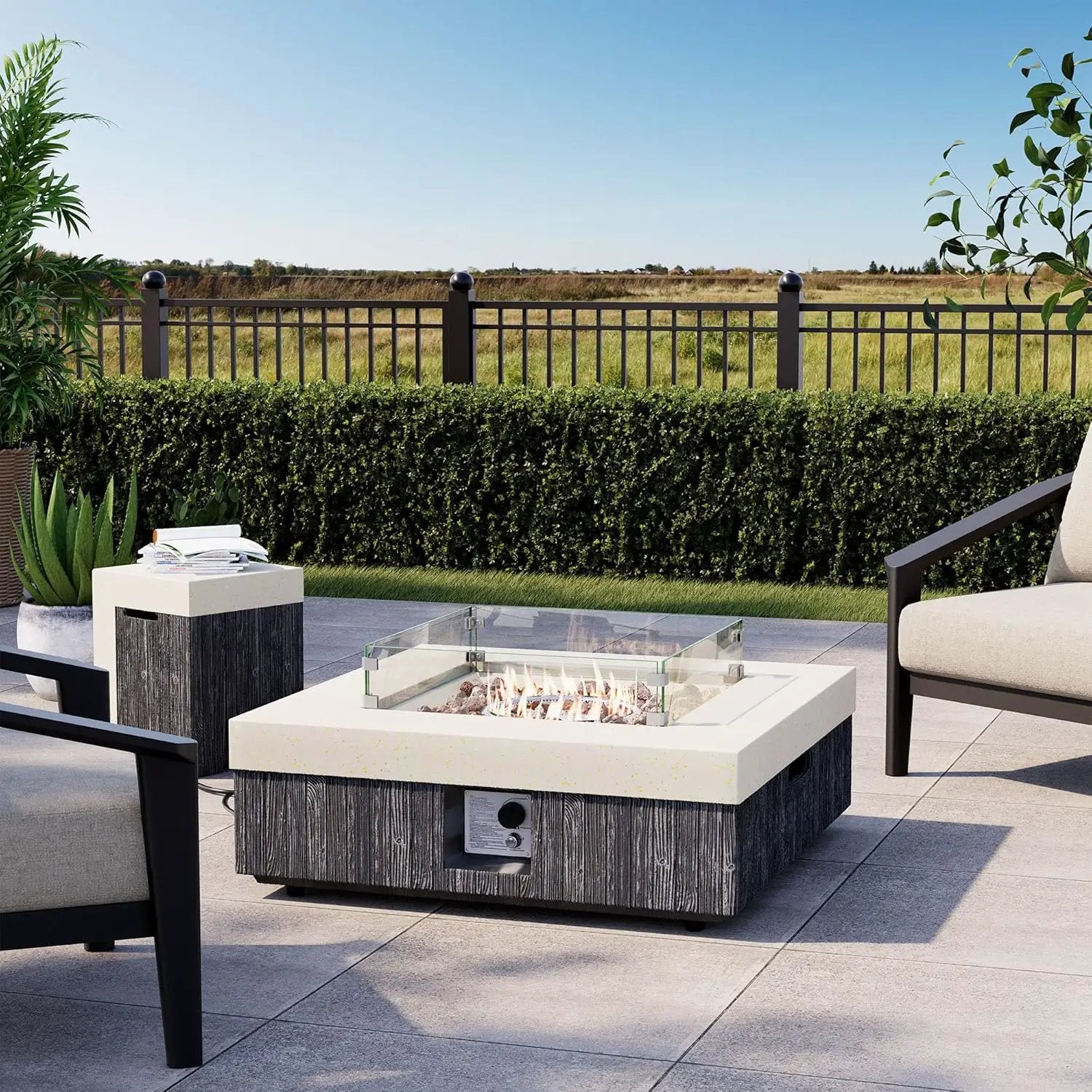 COSIEST 35" Outdoor Propane Fire Pit Table w Tank Cover & Wind Guard, Square Gas Fire Pit Table with Concrete & Wood Grain Design, 50000BTU CSA Certified Fire Tables for Patio, Backyard, Garden by GreenHaven Gardens