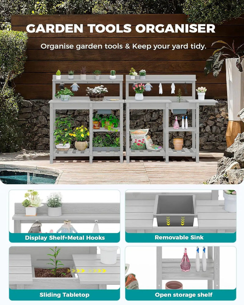 SERWALL Potting Bench Set of 2 Outdoor Potting Table with Sink, HDPE Potting Benches for Outside Gardening Table All Weather Use- Spanish Gray by GreenHaven Gardens