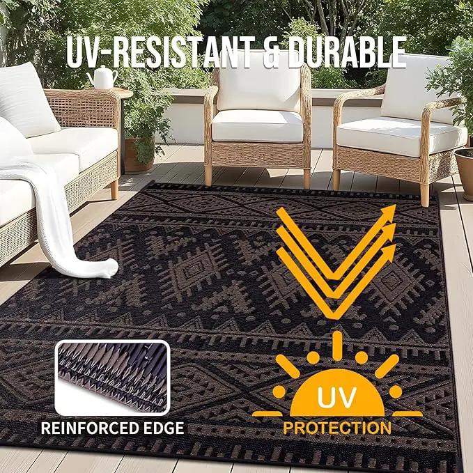 OLANLY Outdoor Rug Waterproof 9x12 ft, Reversible Outdoor Plastic Straw Rug, Boho Patio Rug, Indoor Outdoor Carpet, RV Mat Outside for Patio, Camp, Picnic, Balcony, Deck, Backyard, Black & Brown by GreenHaven Gardens