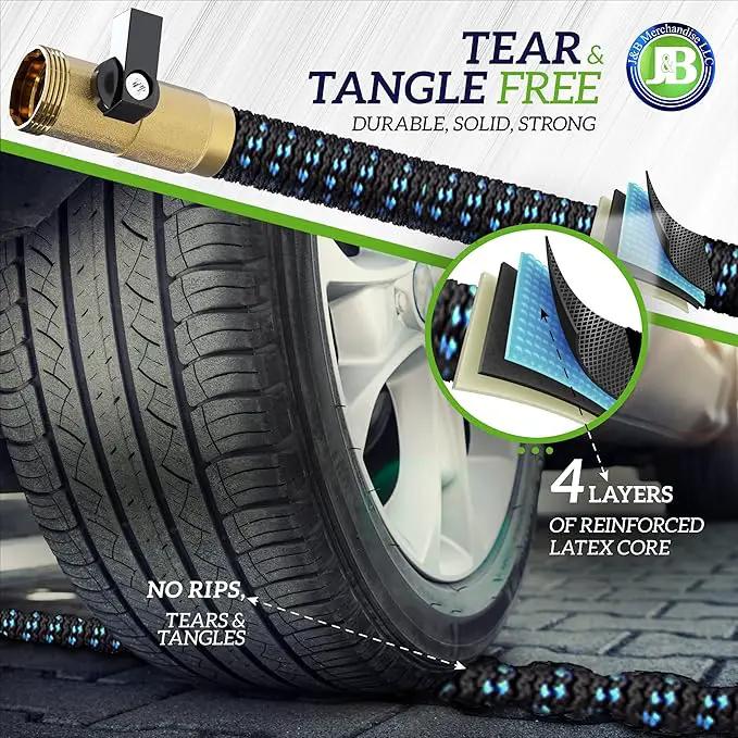J&B XpandaHose 100ft Expandable Garden Hose with Holder - Heavy Duty Superior Strength 3750D - 4 -Layer Latex Core - Extra Strong Brass Connectors and 10 Spray Nozzle w/Storage Bag (Blue 100) by GreenHaven Gardens