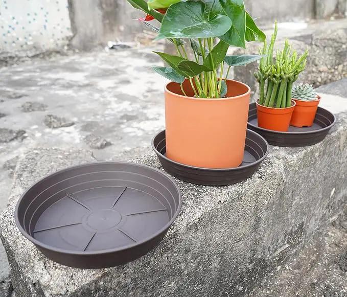 Plant Saucer 6 Inch 4 Pack 6 8 10 12 14 16 18 20 25, Plastic Plant Trays for Pots，Extra-Deep Plant Water Dray Tray, Bird Bath Bowl, Heavy Flower Plant saucers Indoors and Outdoor No Holes 6in-4 brown by GreenHaven Gardens