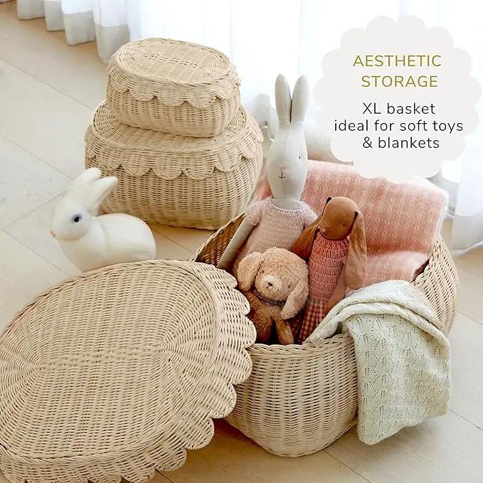 BEBE BASK Large Scalloped Basket Set Of 3 - Hand-Woven & Award-Winning Scallop Basket - XL - Extra Large for Blankets 22 x 16 x 10 In - Elegant Wicker With Scalloped Edge Lid (Natural) by GreenHaven Gardens