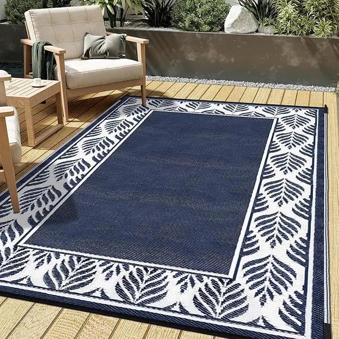 Outdoor Plastic Straw Rug, Waterproof Mat, Washable Large Floor Mat and Rug for Outdoors, RV, Beach, Patio, Camping, Backyard, Deck, Picnic, Outside (5x8ft,Olive-Leaf/Dark Blue&White) by GreenHaven Gardens