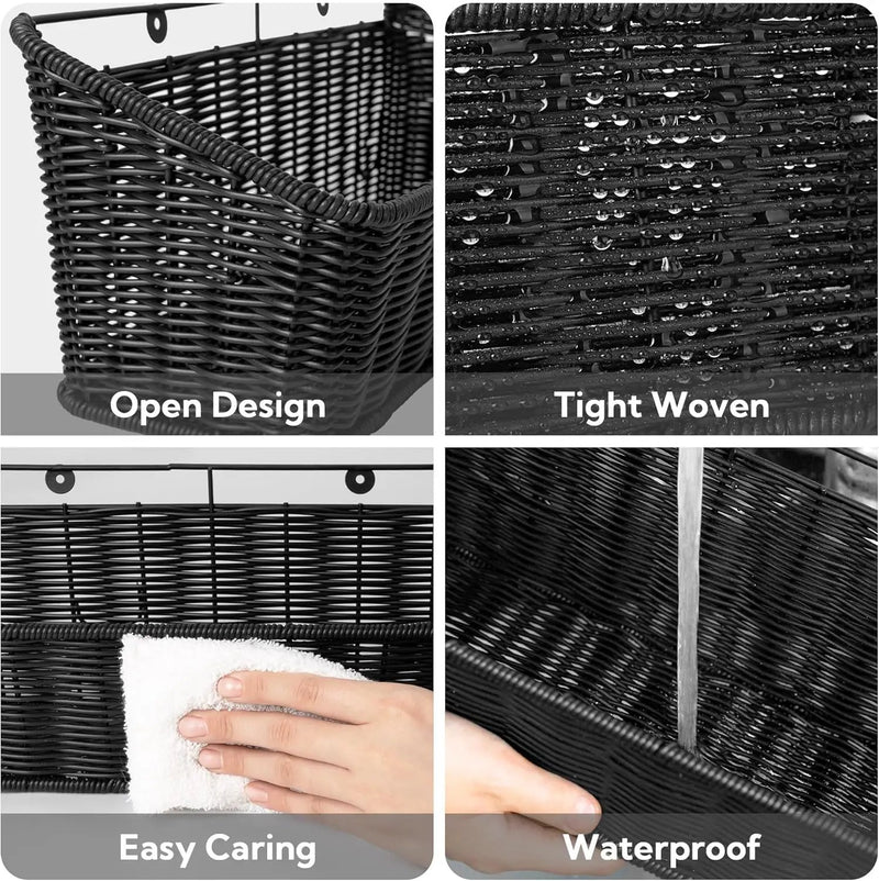 GRANNY SAYS Wicker Hanging Basket, 2 Pack Wall Basket for Kitchen, Fruit and Vegetable Storage Cabinet, Pantry Storage Spice Organization for Cabinet, Adhesive Shelf for Bathroom, Black by GreenHaven Gardens