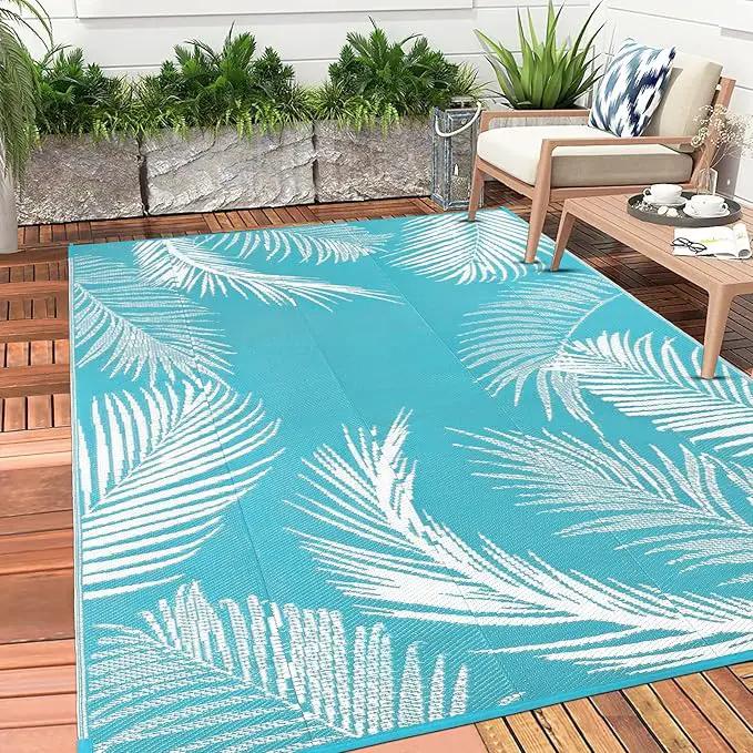 Pauwer Waterproof Outdoor Rug 6x9, Reversible Plastic Straw Patio Camping Rug, Indoor Outdoor RV Mat Carpet for Deck, Camper, Porch, Balcony, Backyard, Picnic, Leaf Teal by GreenHaven Gardens