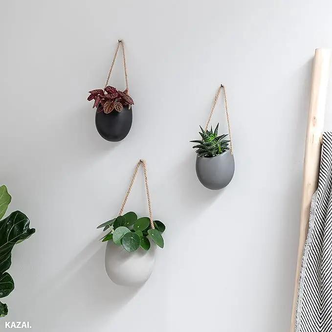 Wall Planters -Ellie- | Hanging Ceramic Plant Pots 3 Pieces | Wall Decoration for Indoors, Balcony and Garden | Grey (Matte) by GreenHaven Gardens