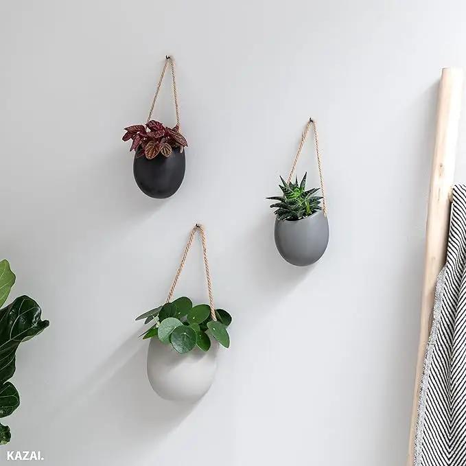 Wall Planters -Ellie- | Hanging Ceramic Plant Pots 3 Pieces | Wall Decoration for Indoors, Balcony and Garden | Grey (Matte) by GreenHaven Gardens