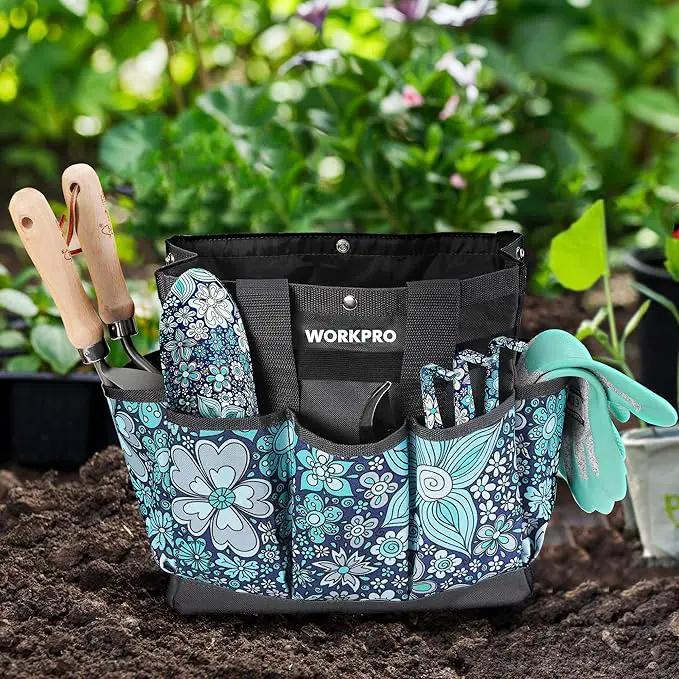 WORKPRO Garden Tool Bag, 9 Pockets Gardening Bag, Heavy Duty Oxford Garden Tote Caddy (Tools NOT Included), 12" x 12" x 6" (Floral Blue) by GreenHaven Gardens