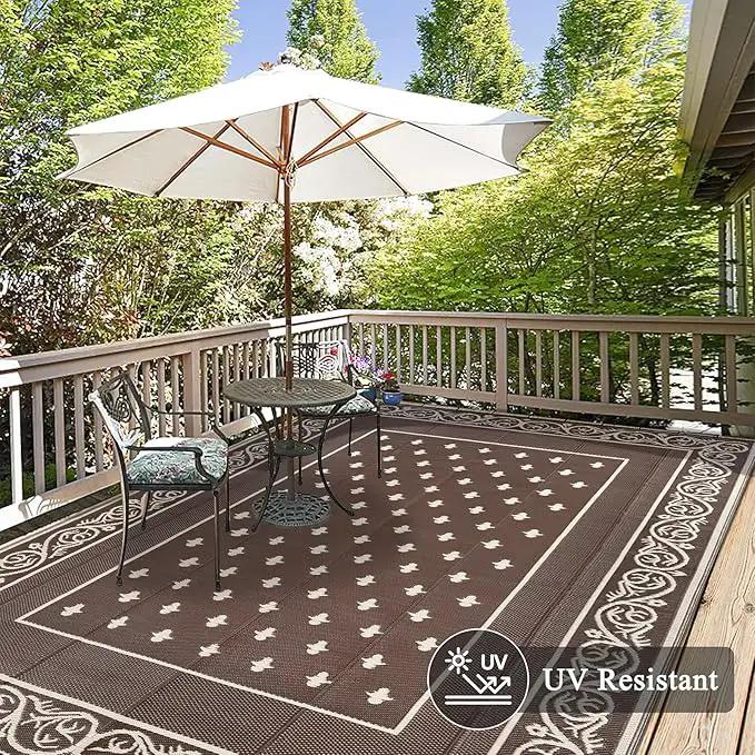 Pauwer Waterproof Outdoor Rug 10x14, Reversible Plastic Straw Patio Camping Rug, Indoor Outdoor RV Mat Carpet for Deck, Camper, Porch, Balcony, Backyard, Picnic, Bordered Brown