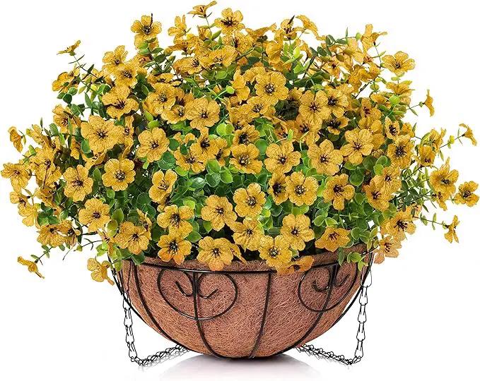 Artificial Fake Fall Hanging Mums Plants Flowers Basket for Outdoor, Autumn Faux Silk Yellow Daisy in Hang Planter Look Real UV Resistant for Porch Home Patio Balcony Yard Decor by GreenHaven Gardens